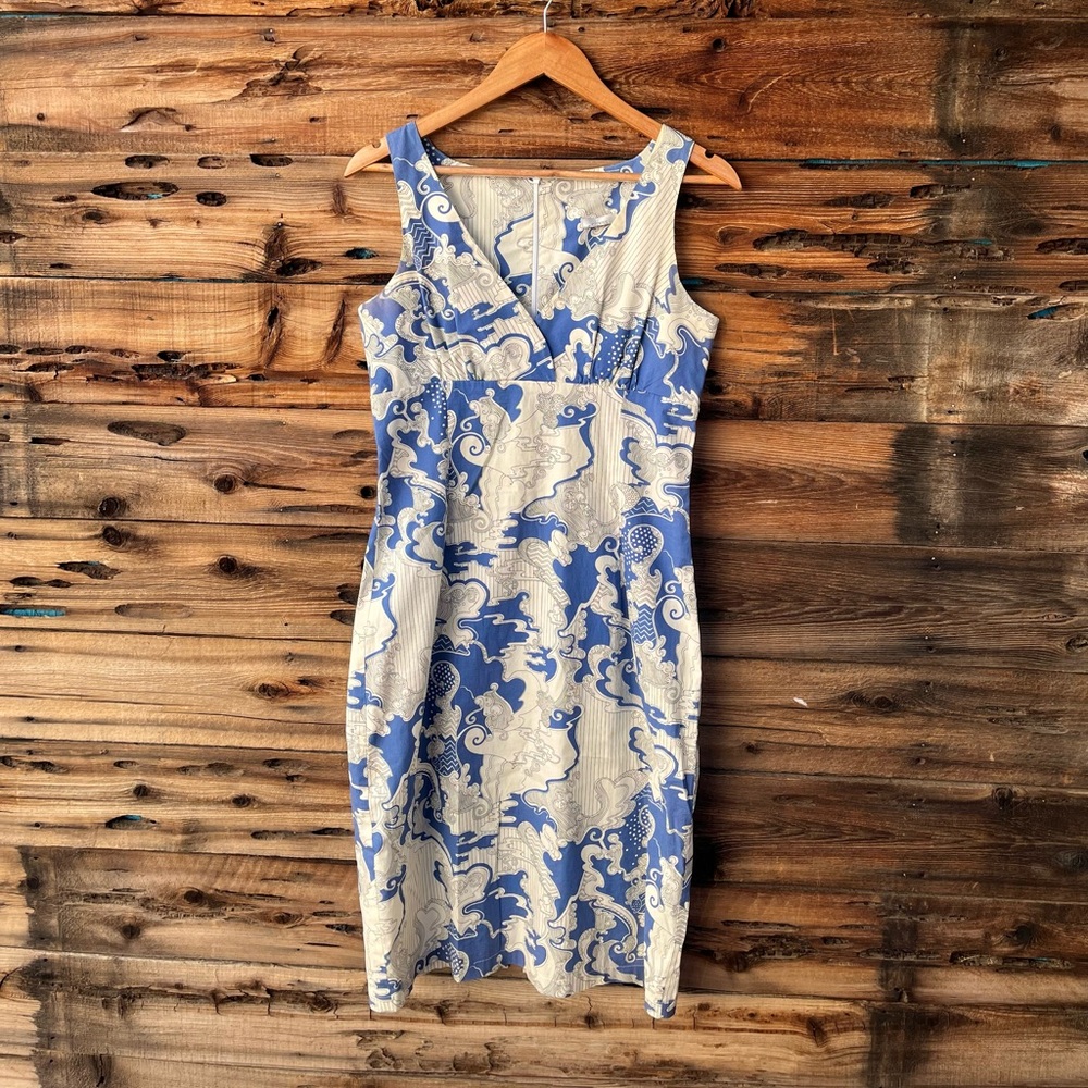 UNBRANDED | Sleeveless Blue and Cream Floral-Pattern Sheath Dress 8